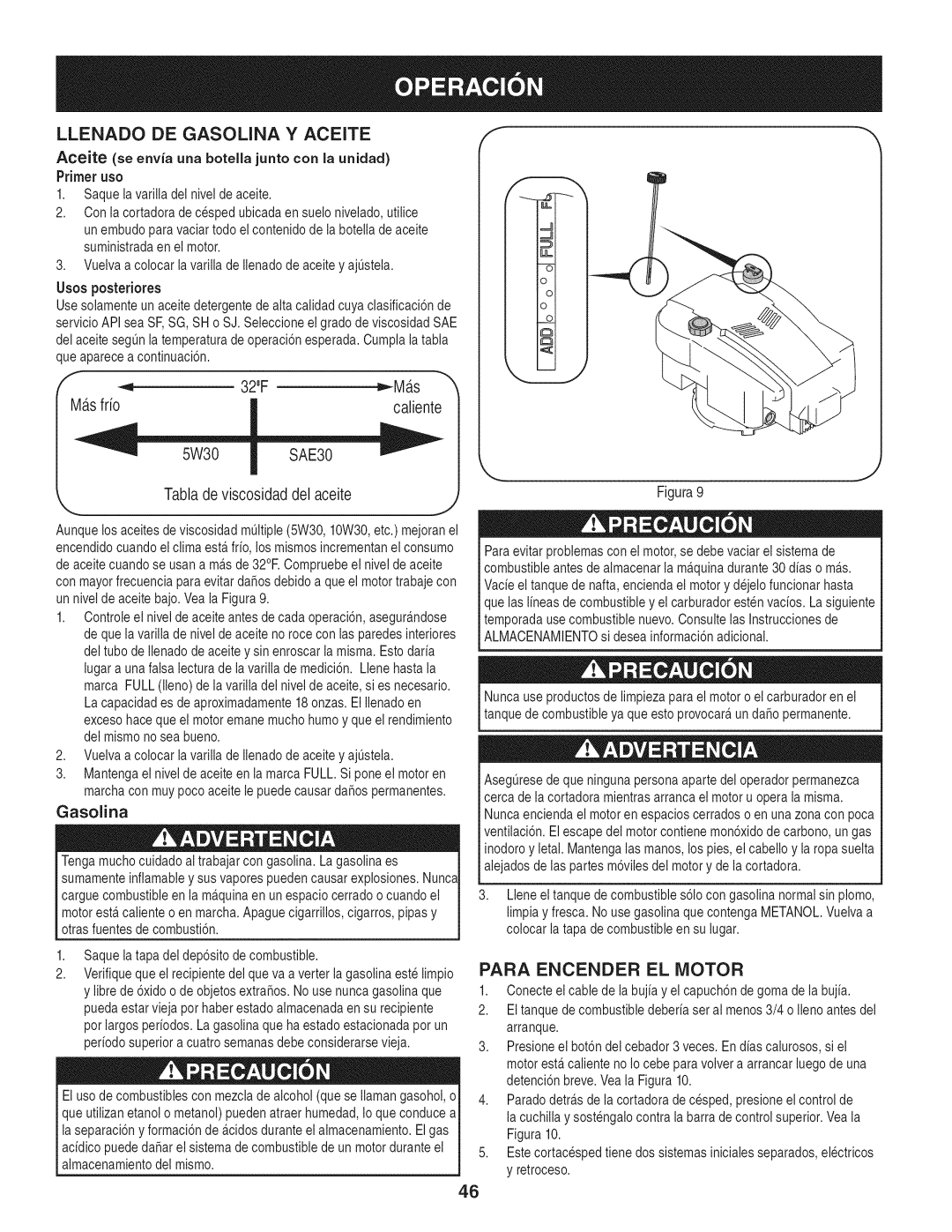 Craftsman 247.887210 manual Llenado DE Gasolina Y Aceite, Para Encender EL Motor, 32F Mfis Mils frio 