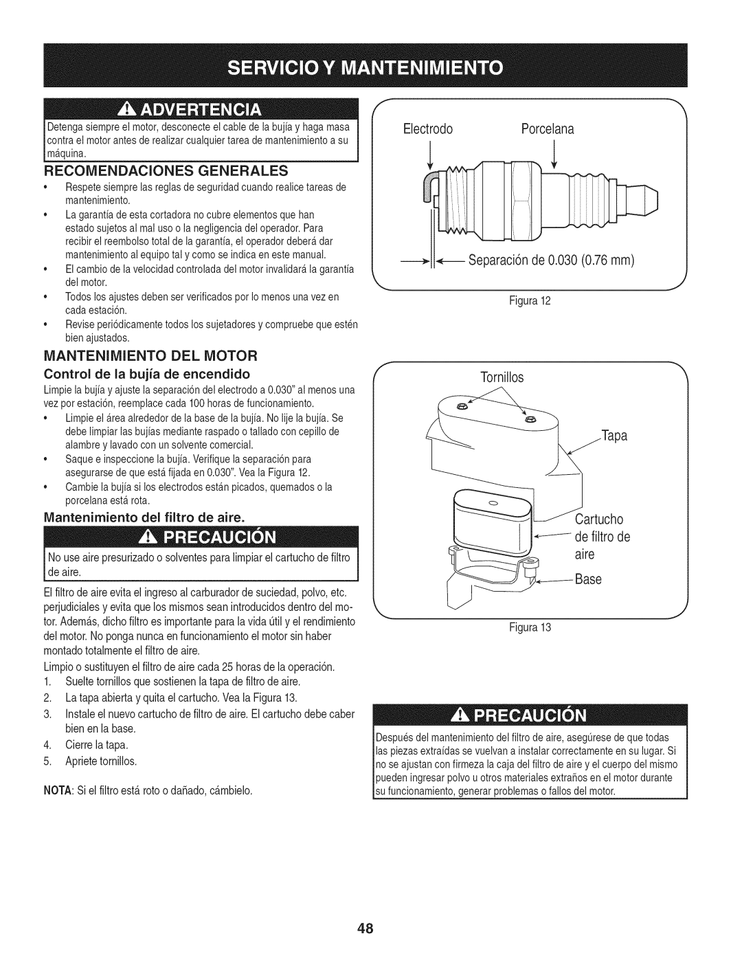 Craftsman 88721 manual Recomendaciones Generales, Manteniiviiento DEL Motor, ElectrodoPorcelana Separaci6n de 0.030 0.76mm 