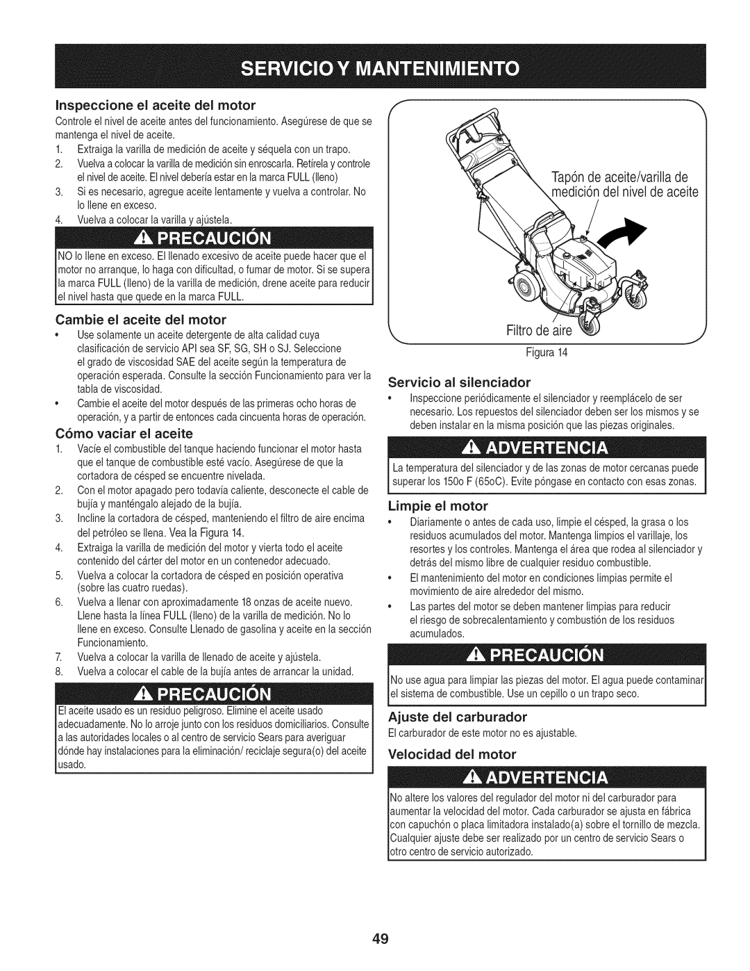 Craftsman 247.887210 Inspeccione el aceite del motor, C6mo vaciar el aceite, Ajuste del carburador, Velocidad del motor 