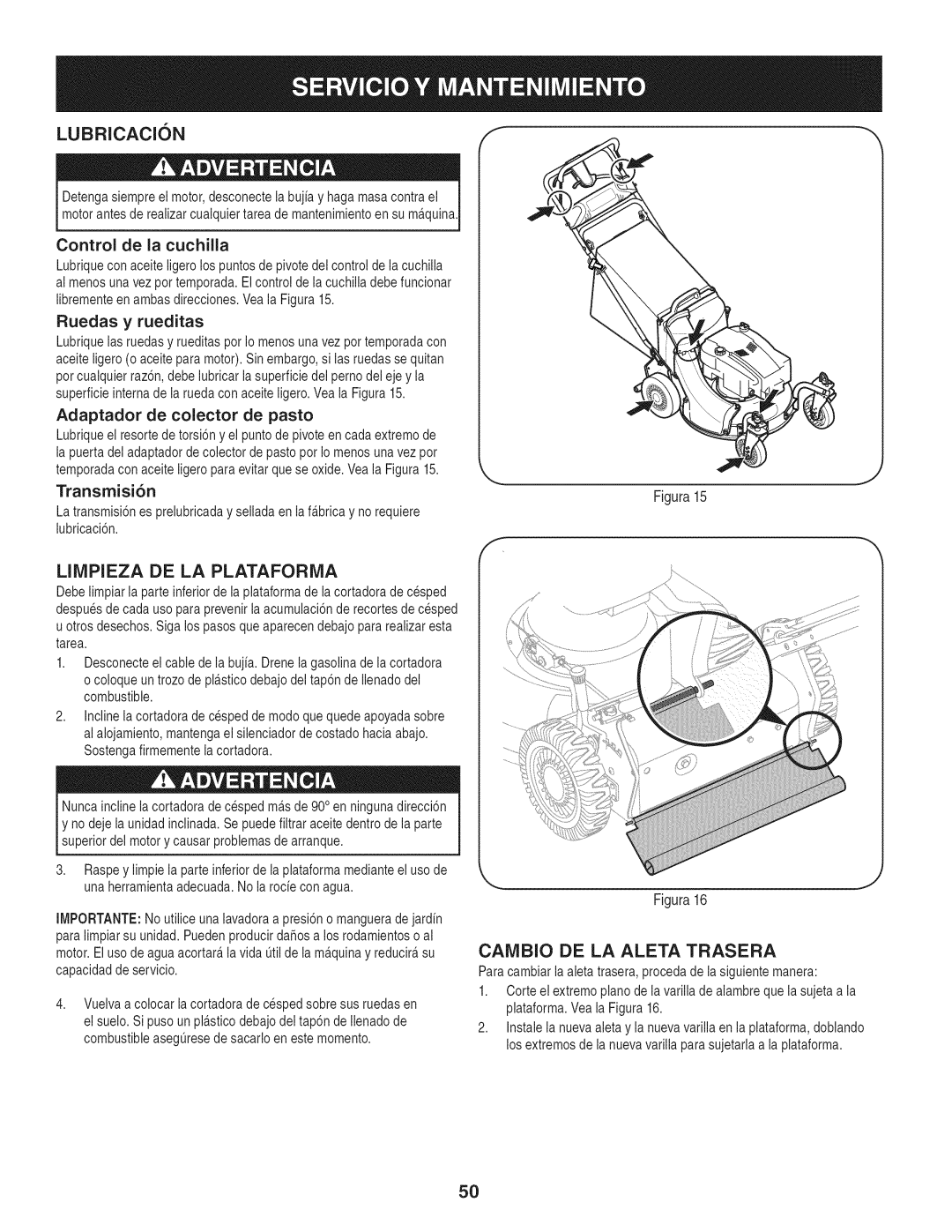 Craftsman 247.887210 manual Lubricacion, Transmisi6n, Limpieza DE LA PLATAFORiVIA, Caivibio DE LA Aleta Trasera 