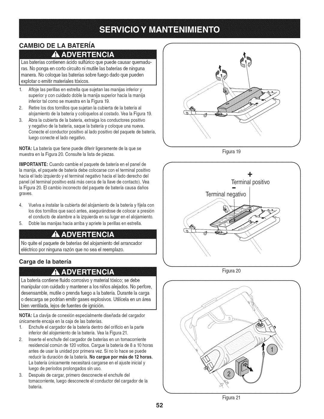 Craftsman 247.887210 manual Caivibio DE LA BATERiA, Terminalpositivo Terminalnegativo, Carga de la bateria 