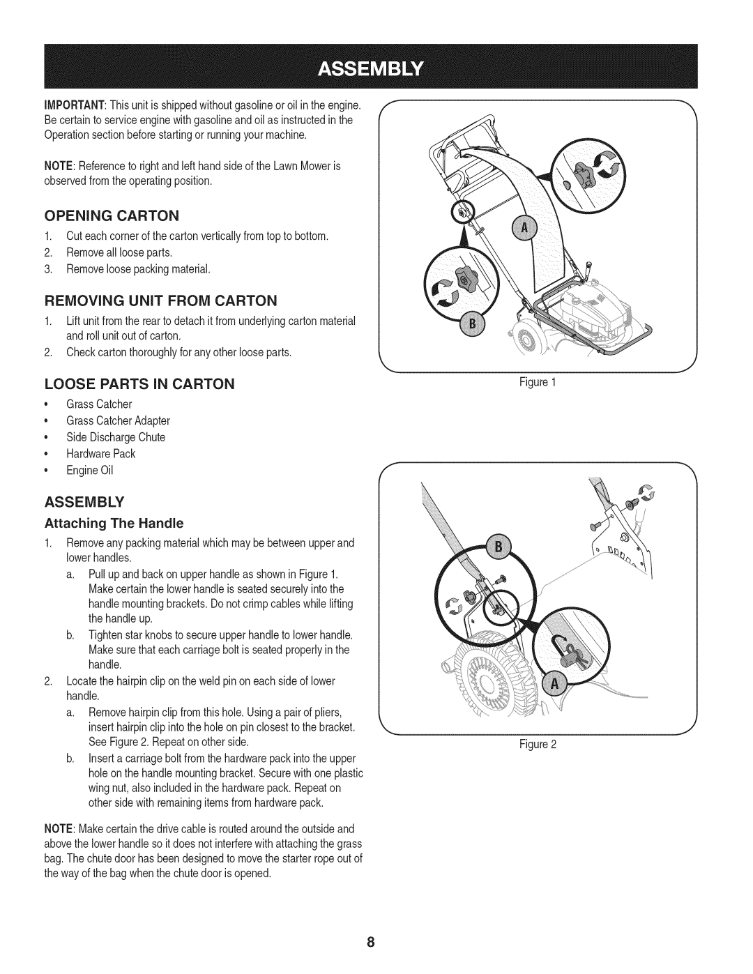 Craftsman 88721 manual Opening Carton, Removing Unit from Carton, Loose Parts in Carton, Assembly, Attaching The Handle 