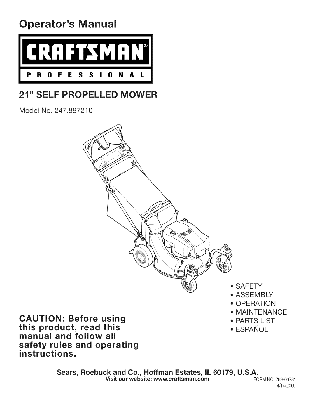 Craftsman 247.887210 manual Self Propelled Mower, safety rules and operating, Operators Manual, instructions 