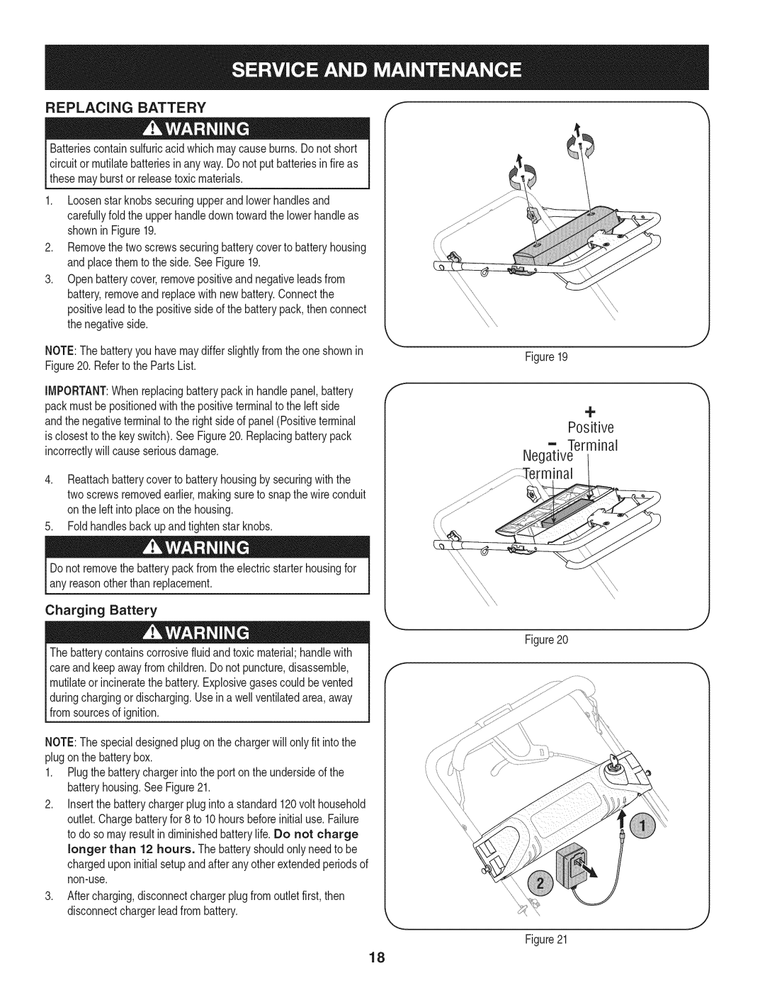 Craftsman 247.887210 manual Replacing Battery, + Positive Terminal Negative rminal 