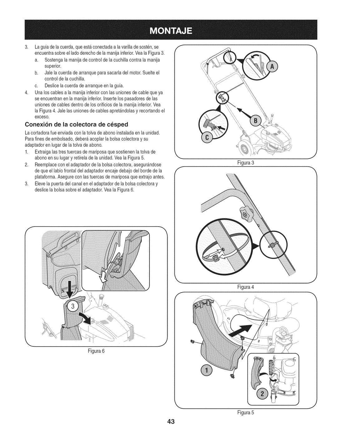 Craftsman 247.887210 manual Conexi6n de la colectora de c_sped, Figura3, Figura5 