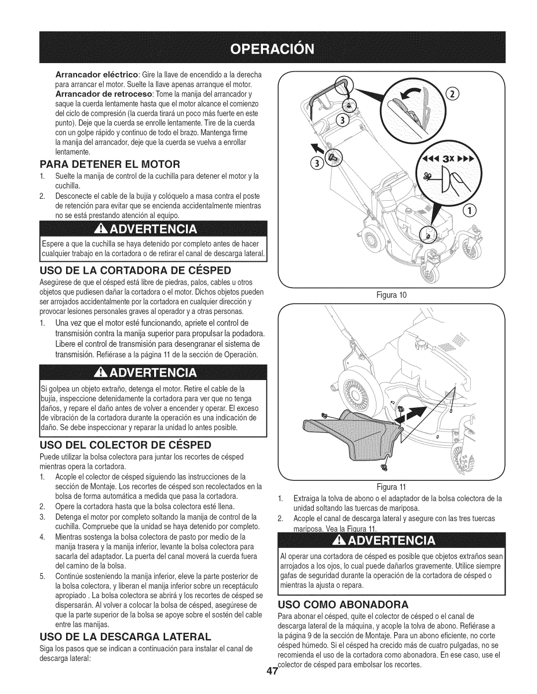 Craftsman 247.887210 manual Para Detener El Motor, Uso De La Cortadora De Cesped, Uso Del Colector De Cesped 