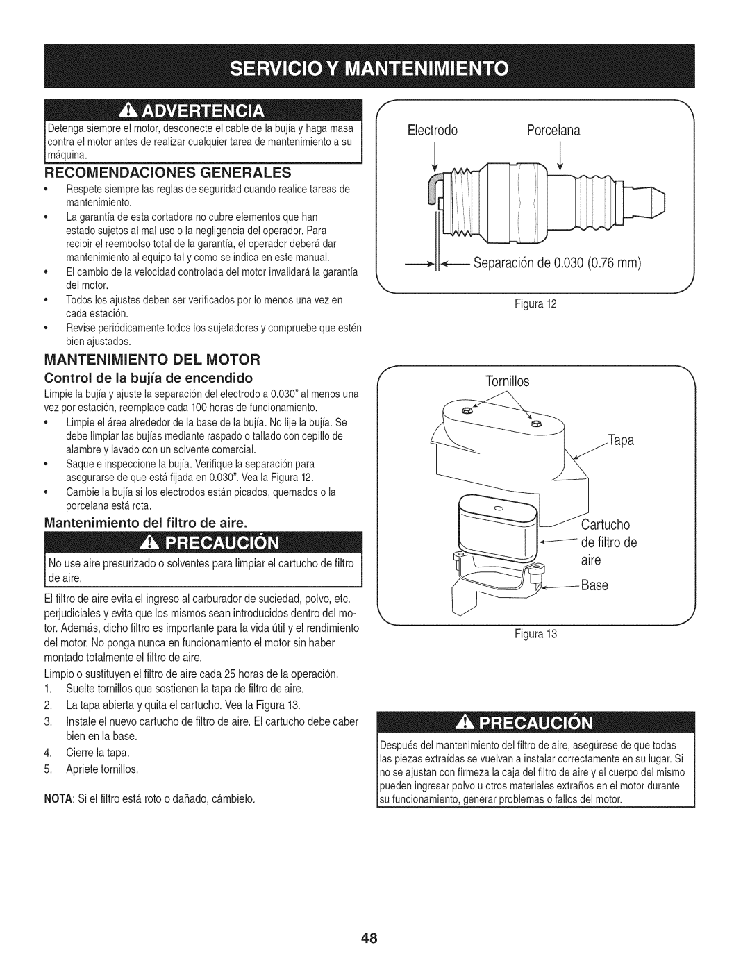 Craftsman 88721 manual Recomendaciones Generales, Manteniiviiento Del Motor, ElectrodoPorcelana, Separaci6n de 0.030 0.76mm 