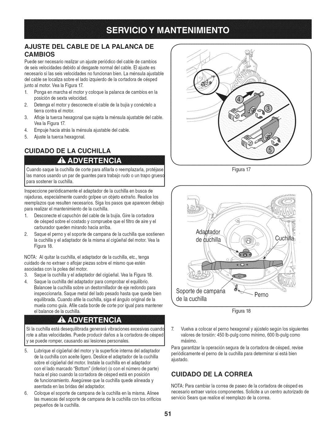 Craftsman 247.887210 manual Ajuste Del Cable De La Palanca De, CAiVIBIOS, Cuidado De La Cuchilla, Soporte de campana, Perno 