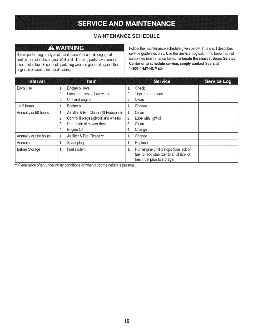 Craftsman 247.887760 manual Maintenance Schedule, Centeror to scheduleservice,simplycontactSears at 