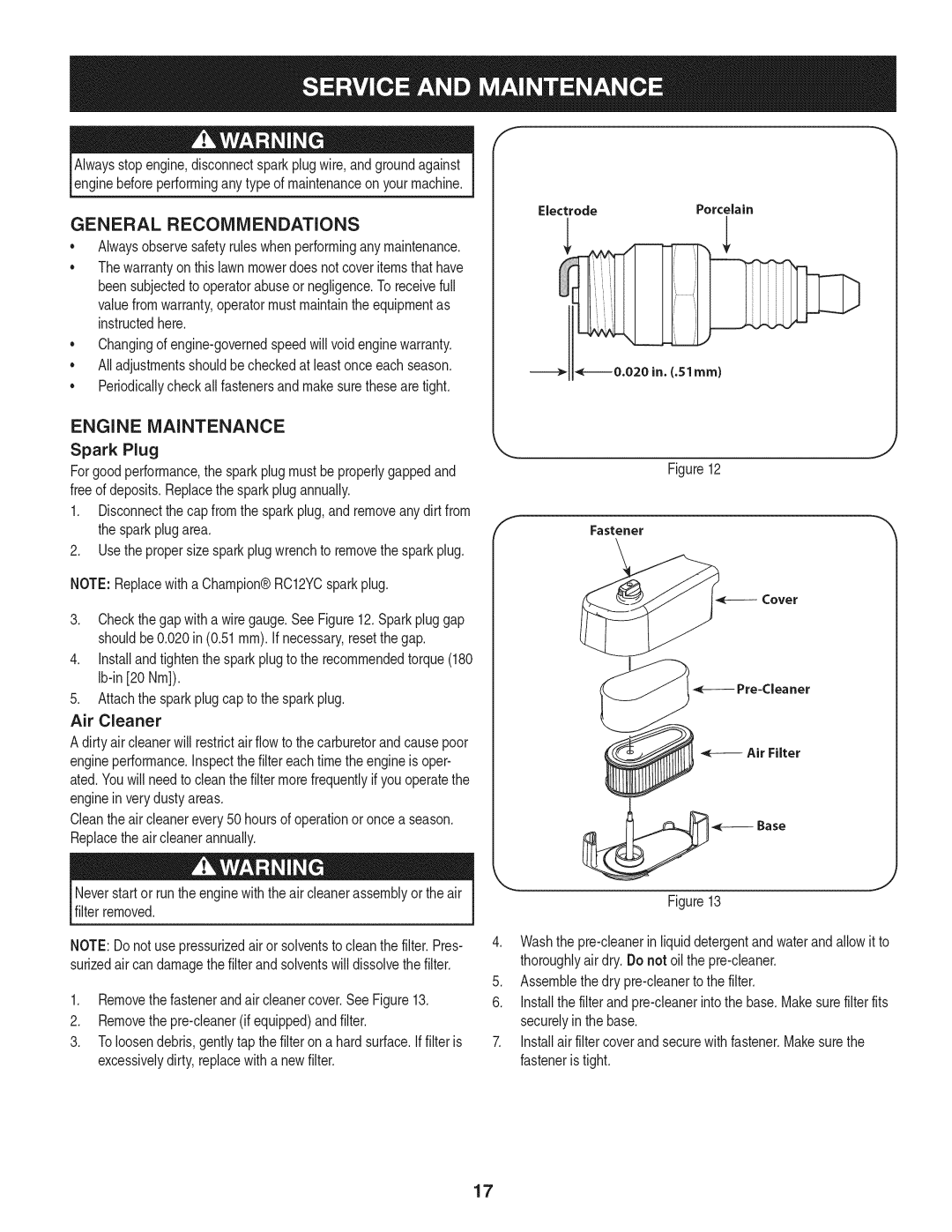 Craftsman 247.887760 General Recommendations, Engine Maintenance, Alwaysobservesafetyruleswhenperformingany maintenance 