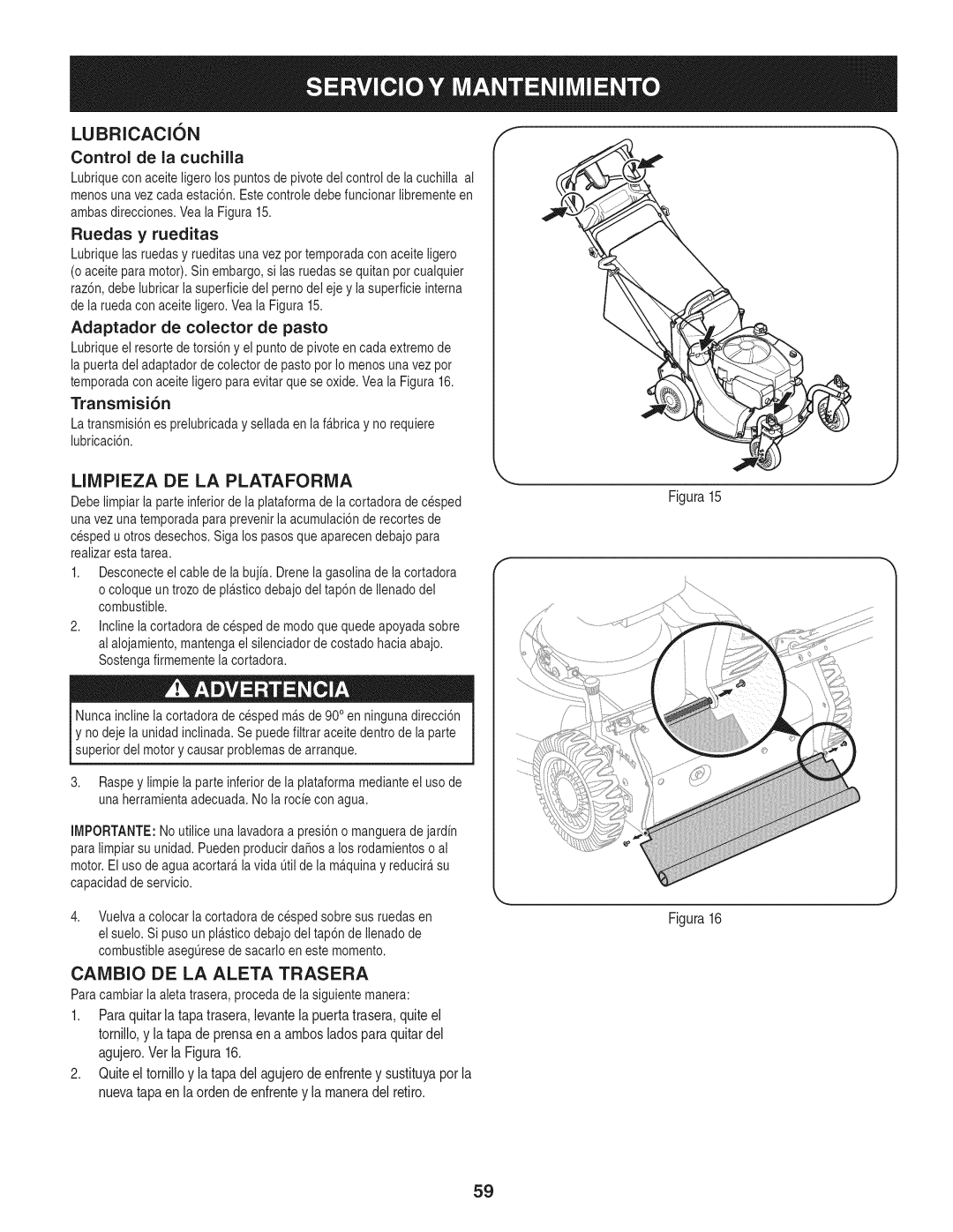 Craftsman 247.887760 manual Limpieza DE LA Plataforma, Caivibio DE LA Aleta Trasera 