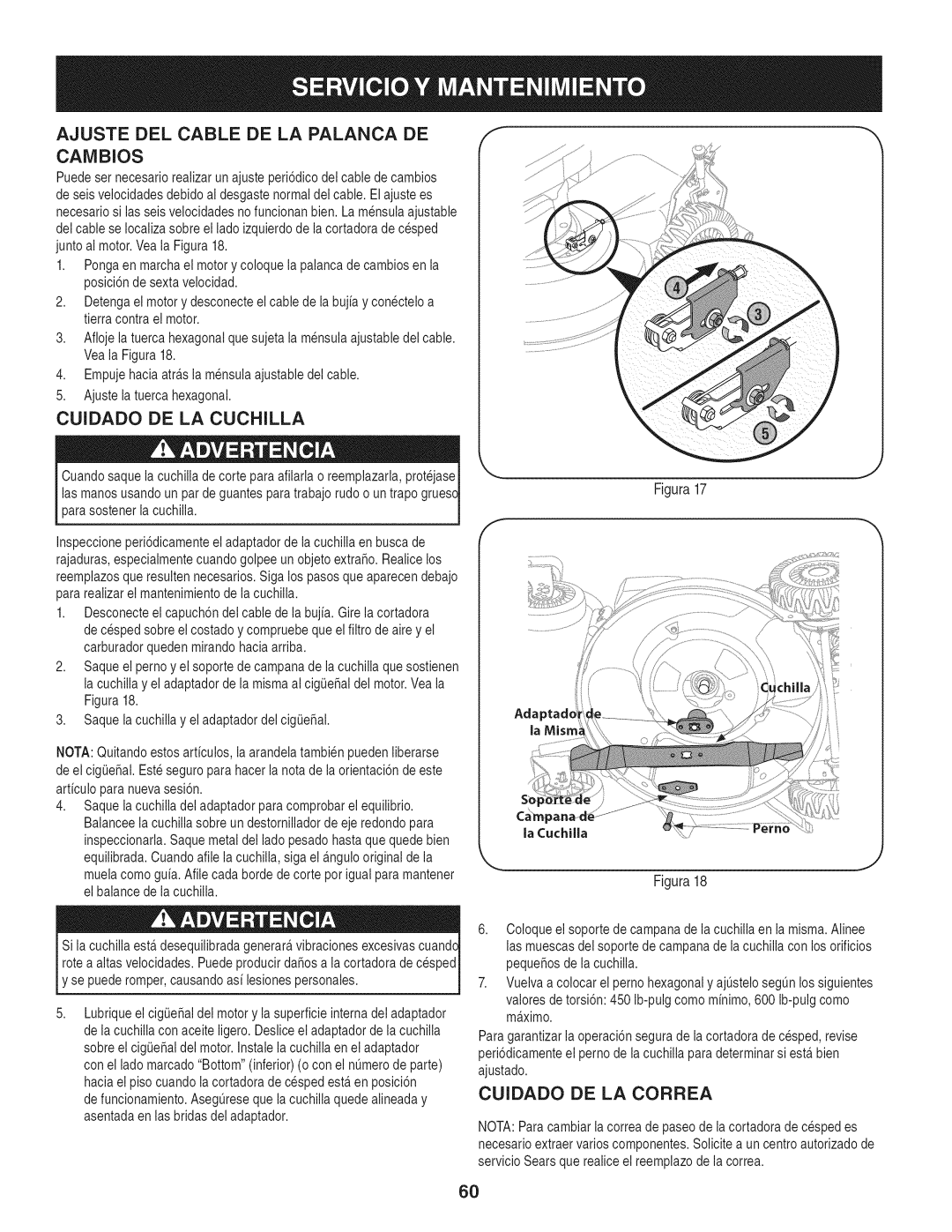 Craftsman 247.887760 manual Cuidado DE LA Cuchilla, Cuidado DE LA Correa 