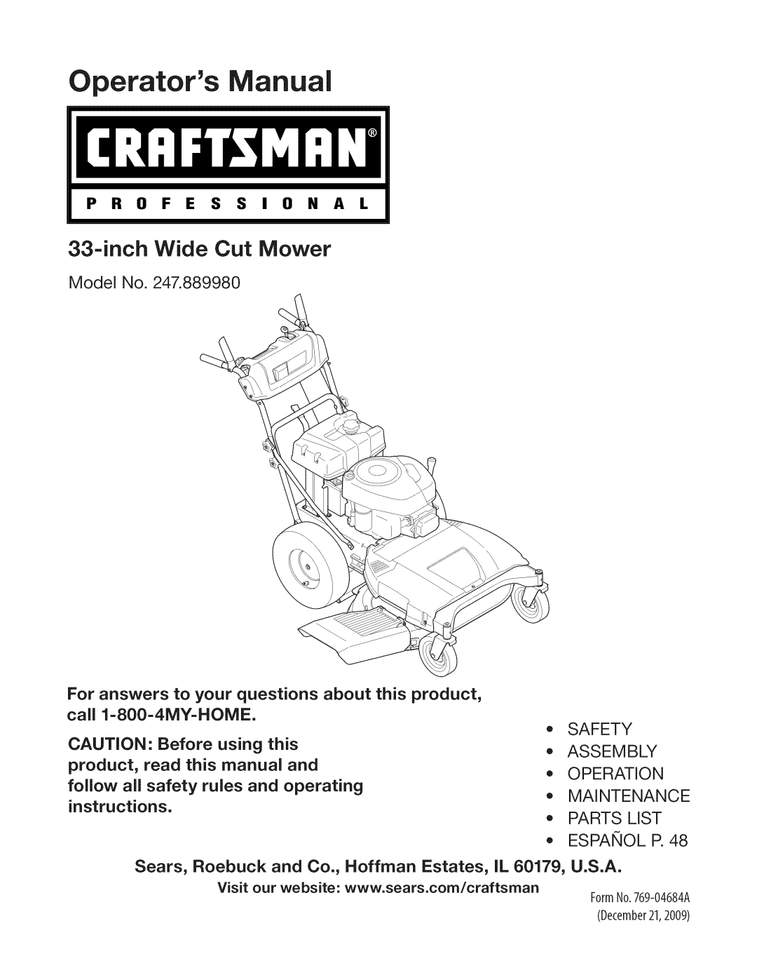 Craftsman 247.889980 manual Perators, FormNo.769-04684A December21,2009 