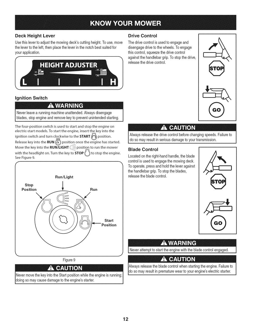 Craftsman 247.889980 manual Ignition Switch, Run/Light Stop1, PositionRun 