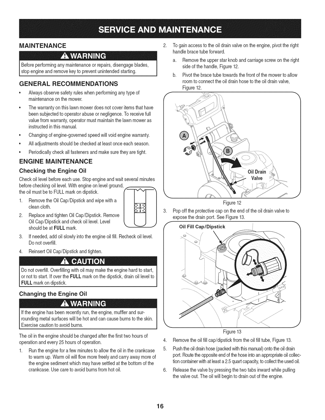 Craftsman 88998 manual General Recommendations, Engine Maintenance, Checking the Engine Oil, Oil Fill Cap/Dipstick 