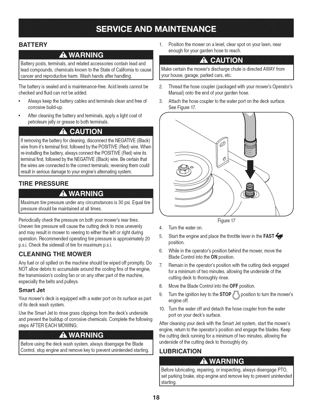 Craftsman 247.889980 manual Battery, Tire Pressure, Cleaning the Mower, Lubrication 