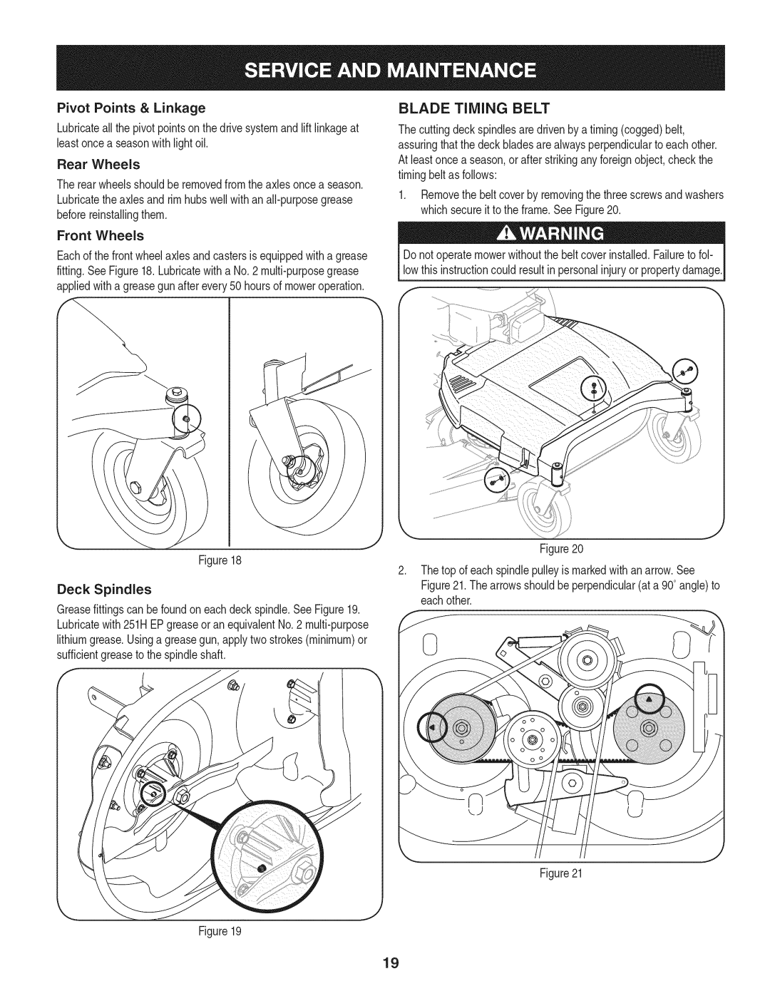 Craftsman 247.889980 manual Blade Timing Belt, Pivot Points & Linkage, Deck Spindles 