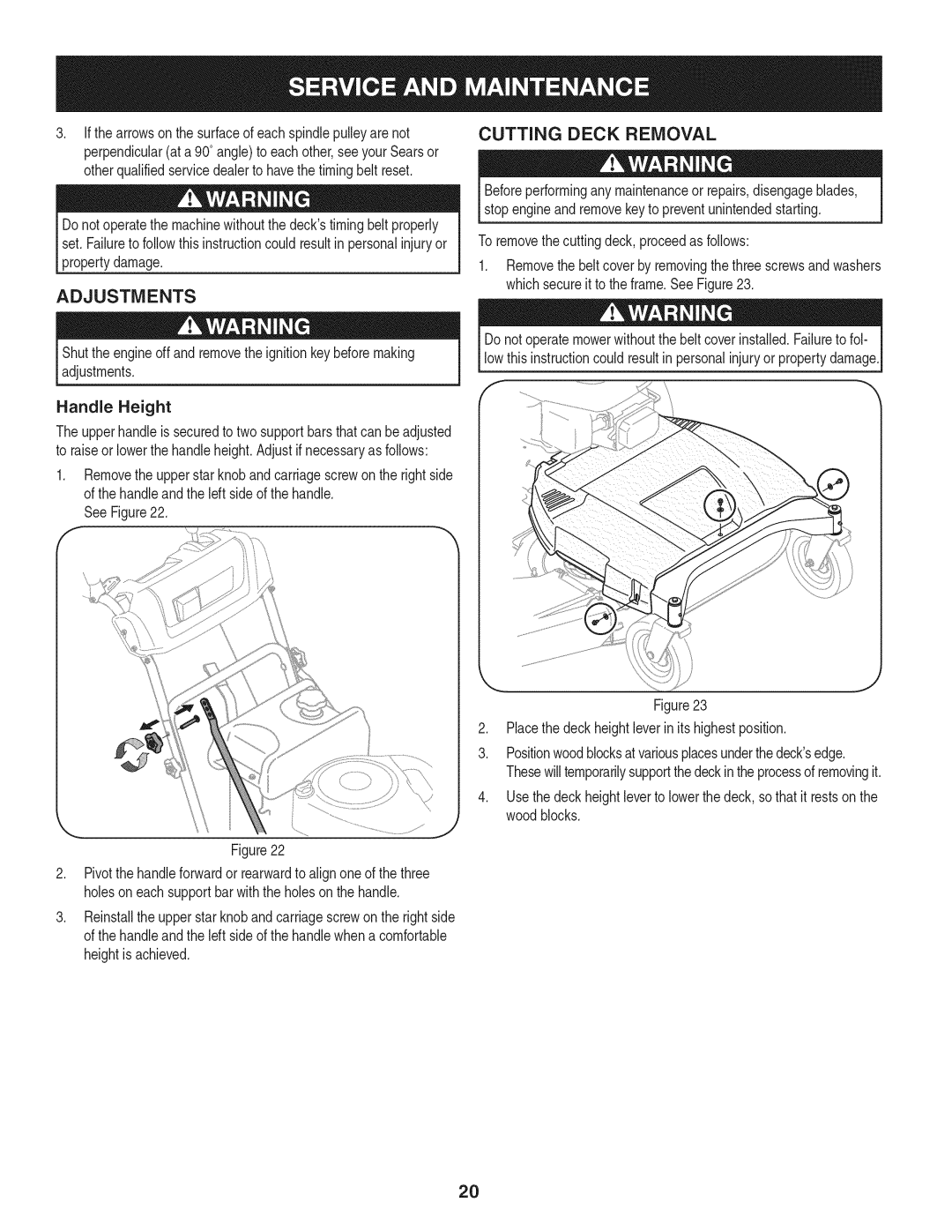 Craftsman 247.889980 manual Adjustments, Cutting Deck Removal, To removethe cuttingdeck,proceedas follows 