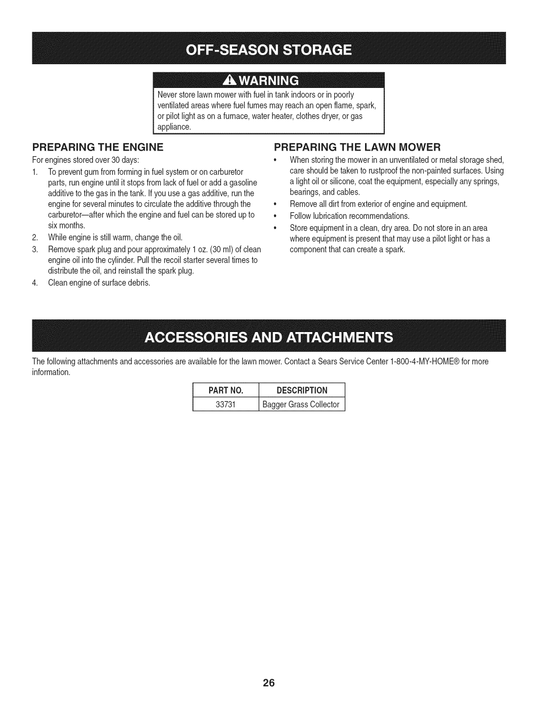 Craftsman 88998 manual Preparing the Engine, Preparing the Lawn Mower, Cleanengineof surfacedebris, BaggerGrassCollector 