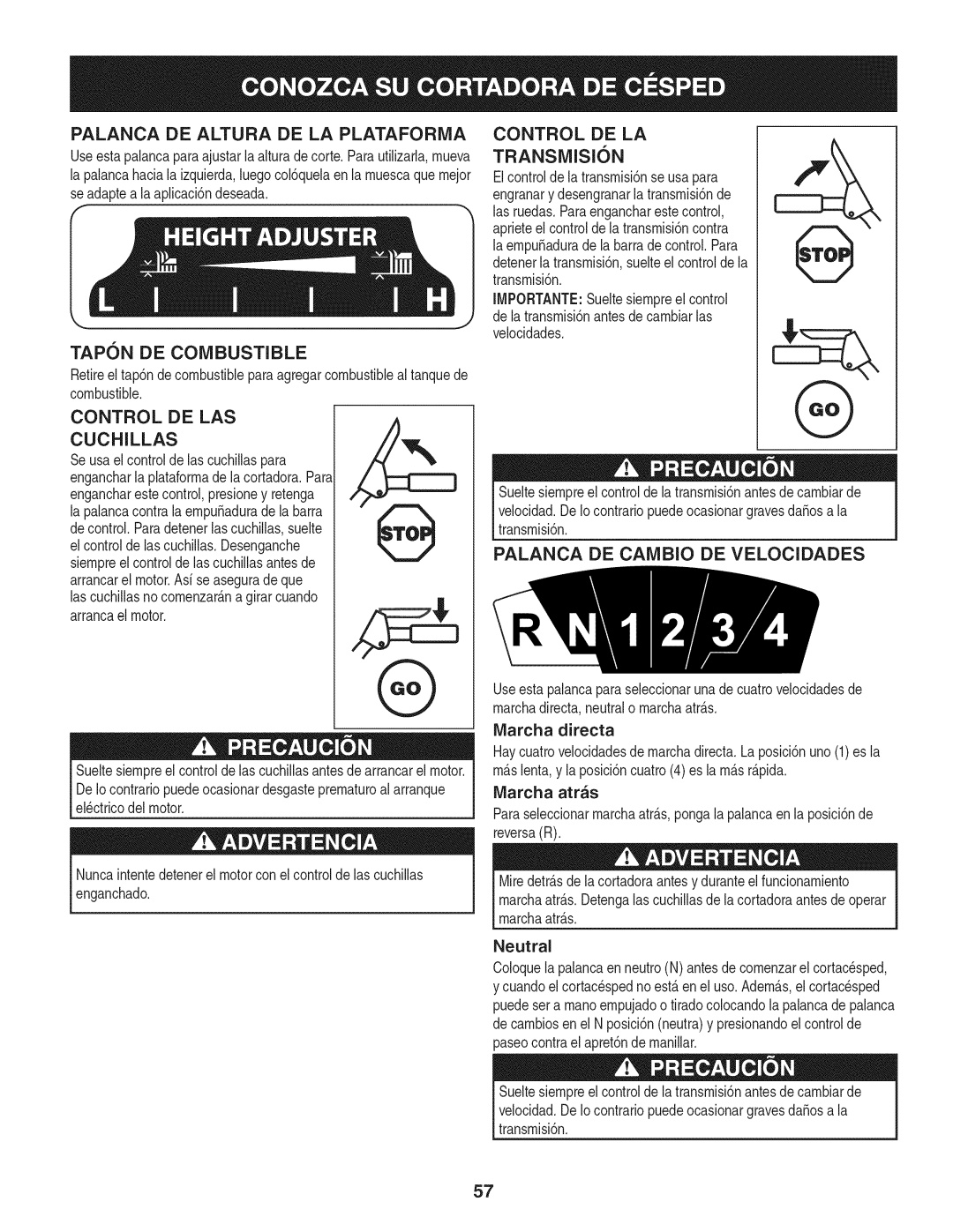 Craftsman 247.889980 manual Tapon DE Combustible, Control DE LAS Cuchillas, Control DE LA TRANSMISI6N, IVlarcha directa 