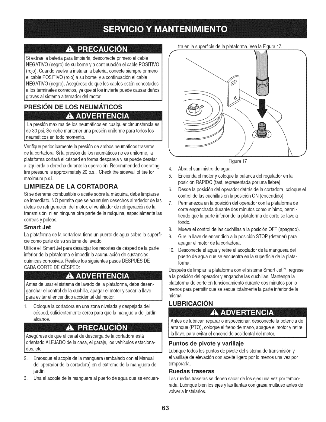 Craftsman 247.889980 Presion DE LOS Neumaticos, Liivipieza DE LA Cortadora, Lubricacisn, Puntos de pivote y varillaje 