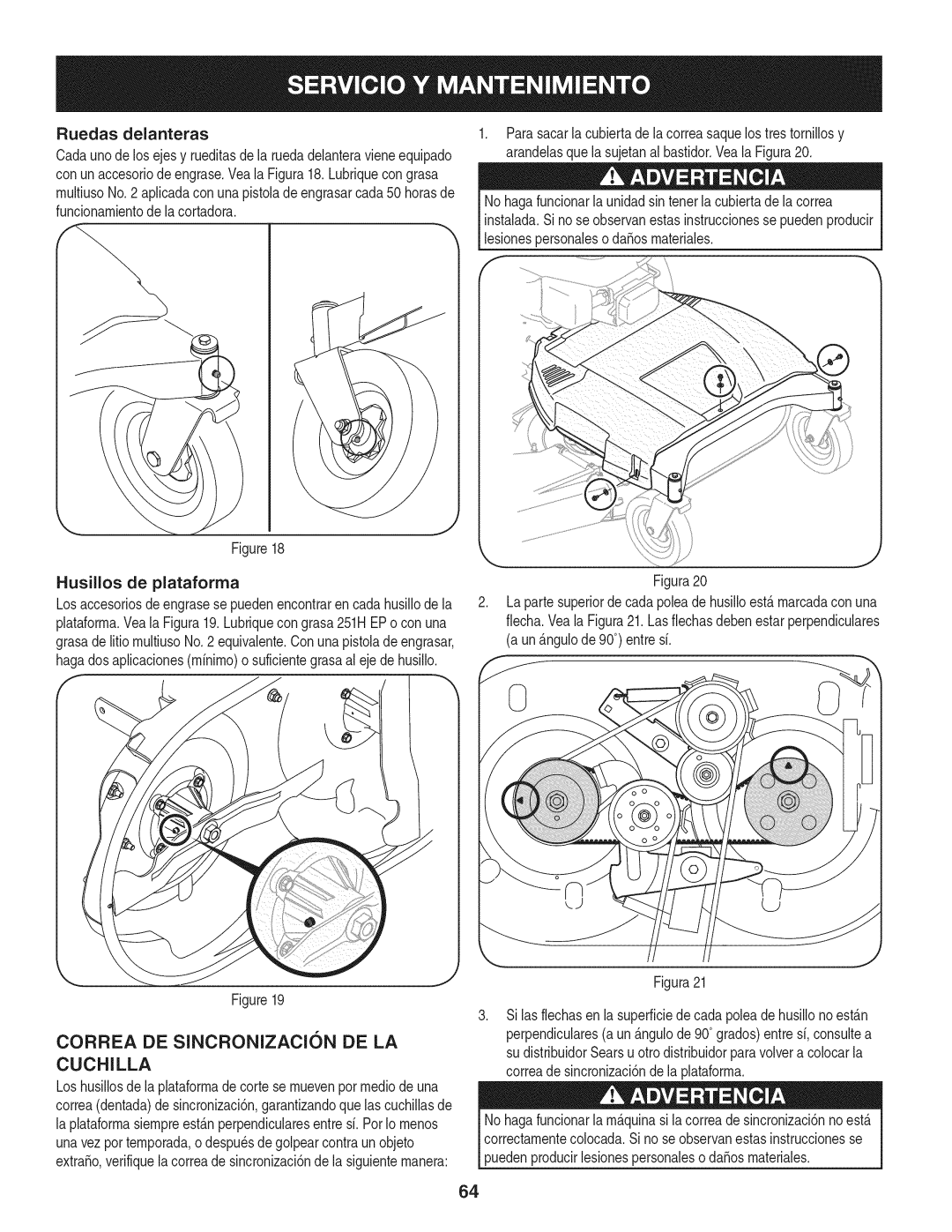 Craftsman 247.889980 manual Correa DE Sincronizacion DE LA Cuchilla, Ruedas delanteras, Husillos de plataforma 