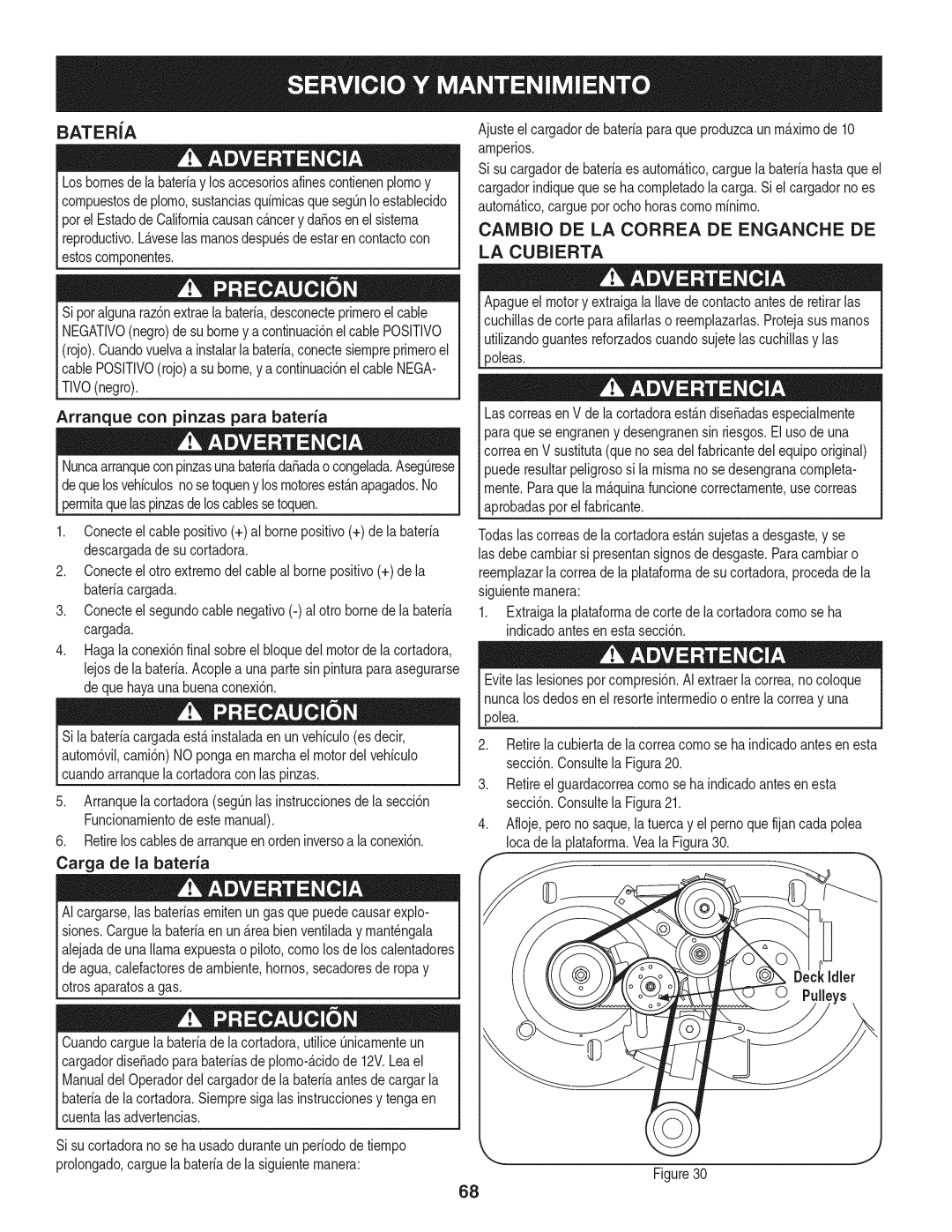 Craftsman 247.889980 manual Caivibio DE LA Correa DE Enganche DE, LA Cubierta, Arranque con pinzas para bateria 