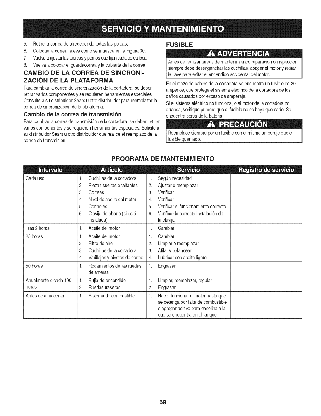 Craftsman 247.889980 manual Canibio DE LA Correa DE Sincroni, Zacion DE LA Plataforma, Fusible, Programa 