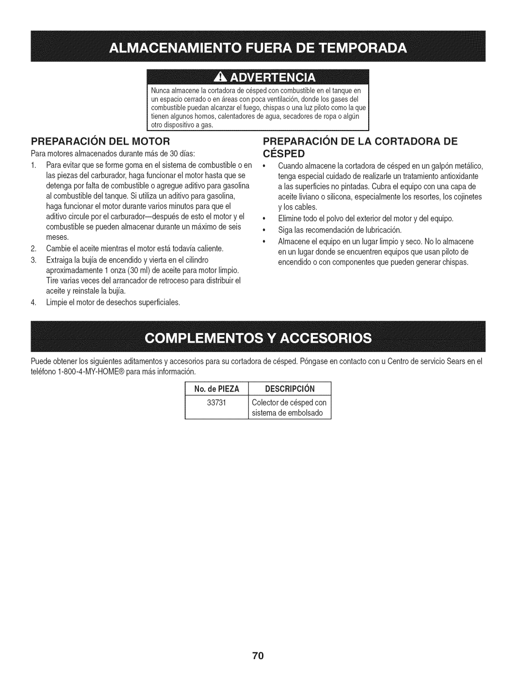 Craftsman 247.889980 manual PREPARACI6N DEL Motor DE LA Cortadora, Cosped, Pararnotoresalrnacenadosdurantern&sde30 dfas 