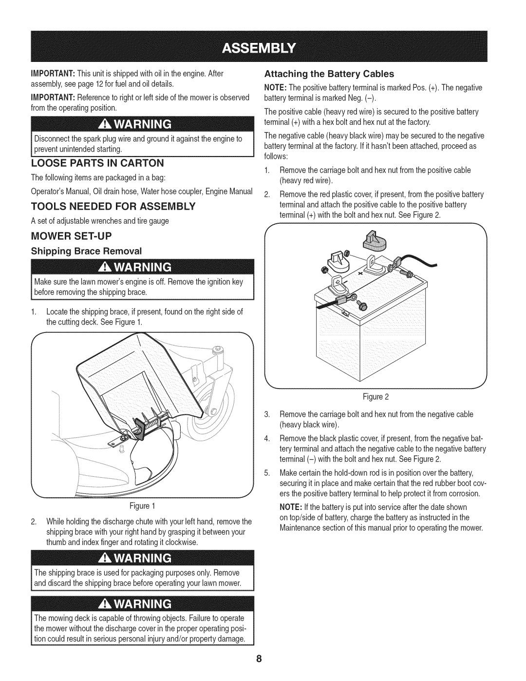 Craftsman 247.889980 manual Loose Parts in Carton, Tools Needed for Assembly, Mower SET-UP, Shipping Brace Removal 