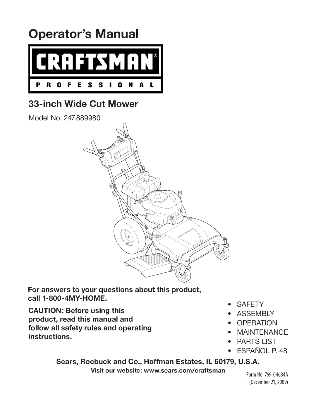Craftsman 247.889980 manual perators, instructions, Sears, Roebuck and Co., Hoffman Estates, IL, U.S.A, inchWide Cut Mower 