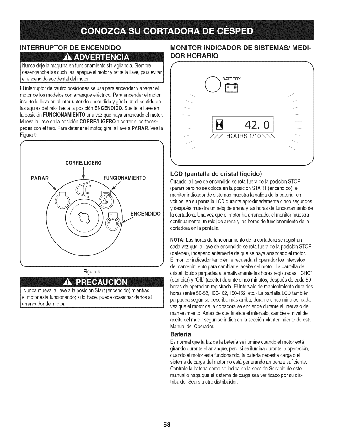 Craftsman 247.889980 manual 42.0, Interruptor De Encendido, Monitor Indicador De Sistemas/Medi- Dor Horario, Paradido 