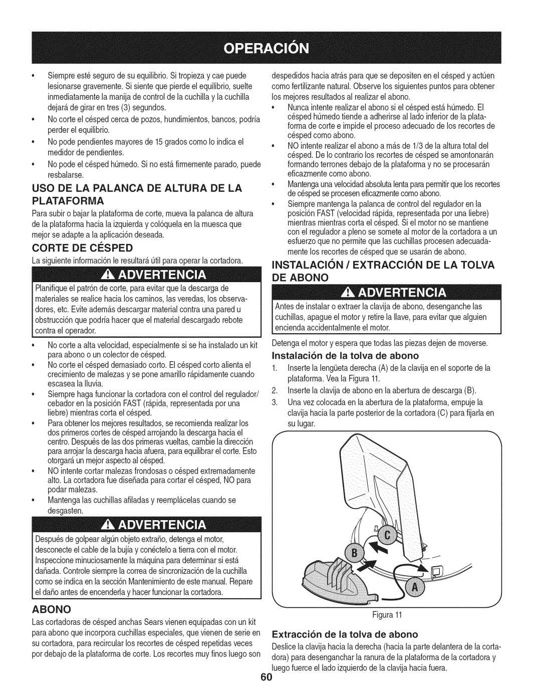 Craftsman 247.889980 manual Uso De La Palanca De Altura De La Plataforma, CORTE DE ClaSPED, De Abono 