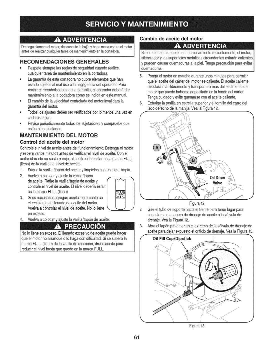 Craftsman 247.889980 manual Recomendaciones Generales, Mantenimiento Del Motor, Oil Fill Cap/Dipstick 