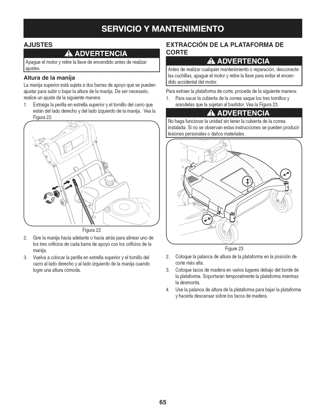 Craftsman 247.889980 manual Ajustes, EXTRACCI6N DE LA PLATAFORiVlA DE CORTE 