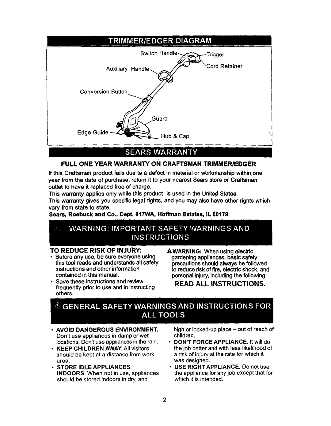 Craftsman 900-74522 instruction manual To Reduce Risk of Injury, Store Idle Appliances 