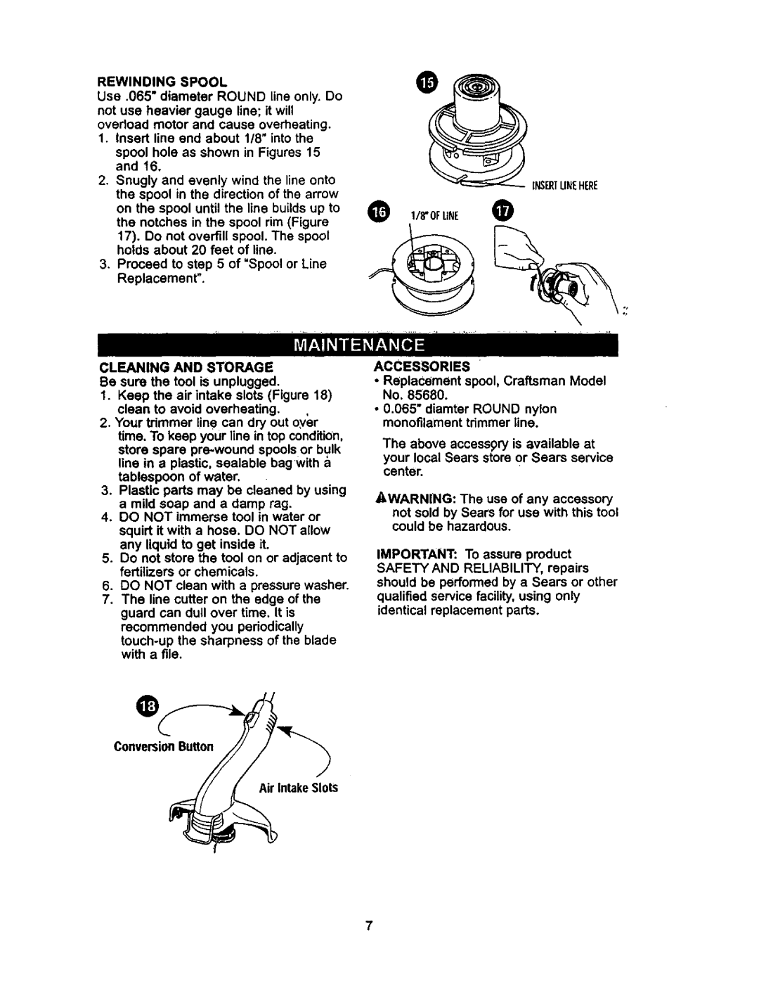 Craftsman 900-74522 instruction manual Rewinding Spool, Cleaning and Storage, Accessories 