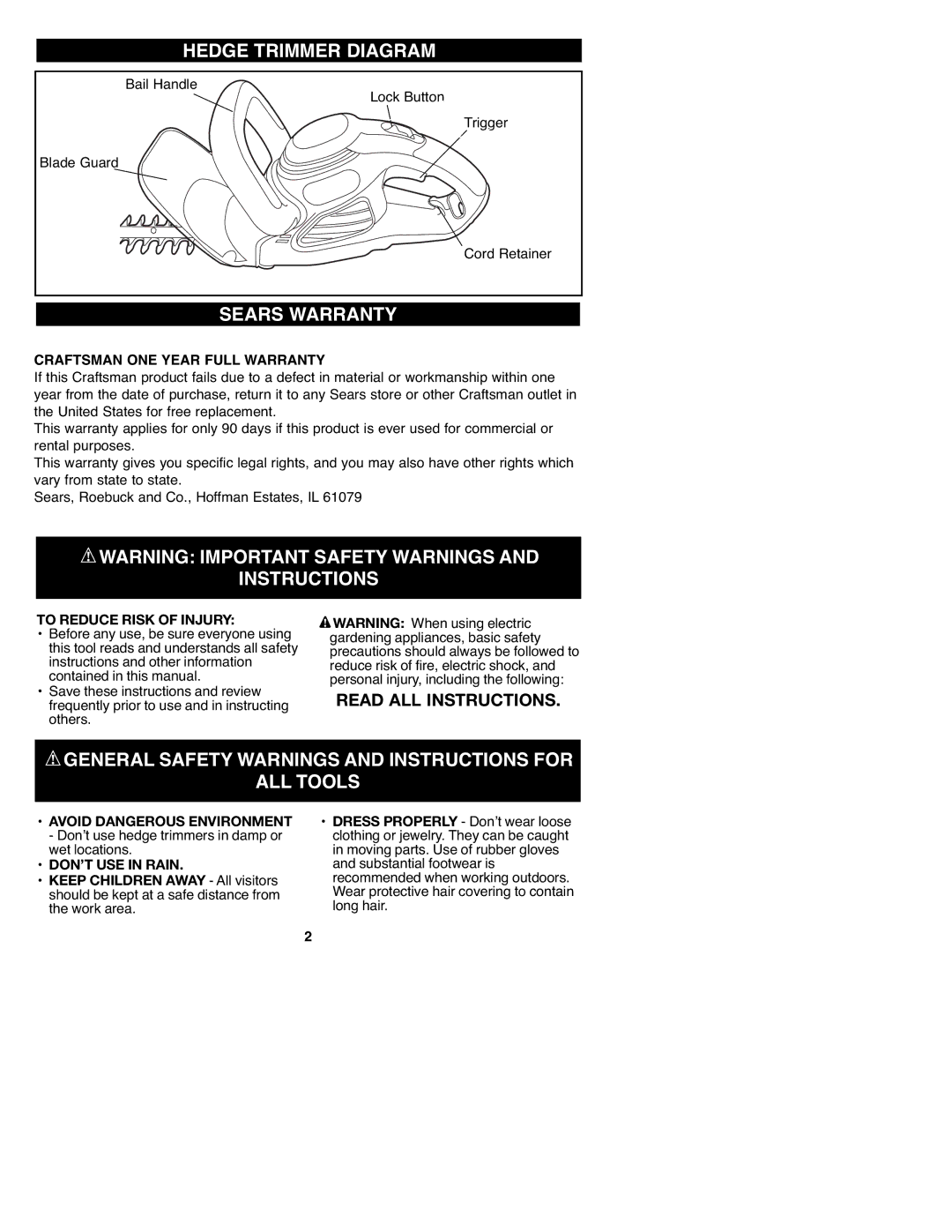 Craftsman 900 Hedge Trimmer Diagram, Sears Warranty, General Safety Warnings and Instructions for ALL Tools 