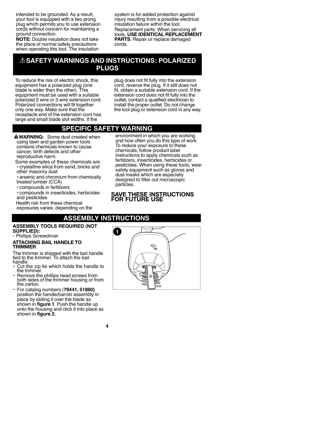 Craftsman 900 Safety Warnings and Instructions Polarized Plugs, Specific Safety Warning, Assembly Instructions 