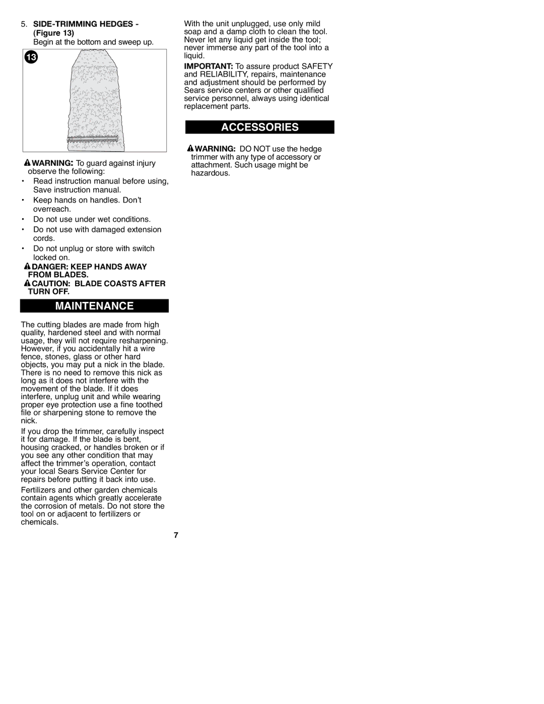 Craftsman 900 operating instructions Maintenance, Accessories, SIDE-TRIMMING Hedges 