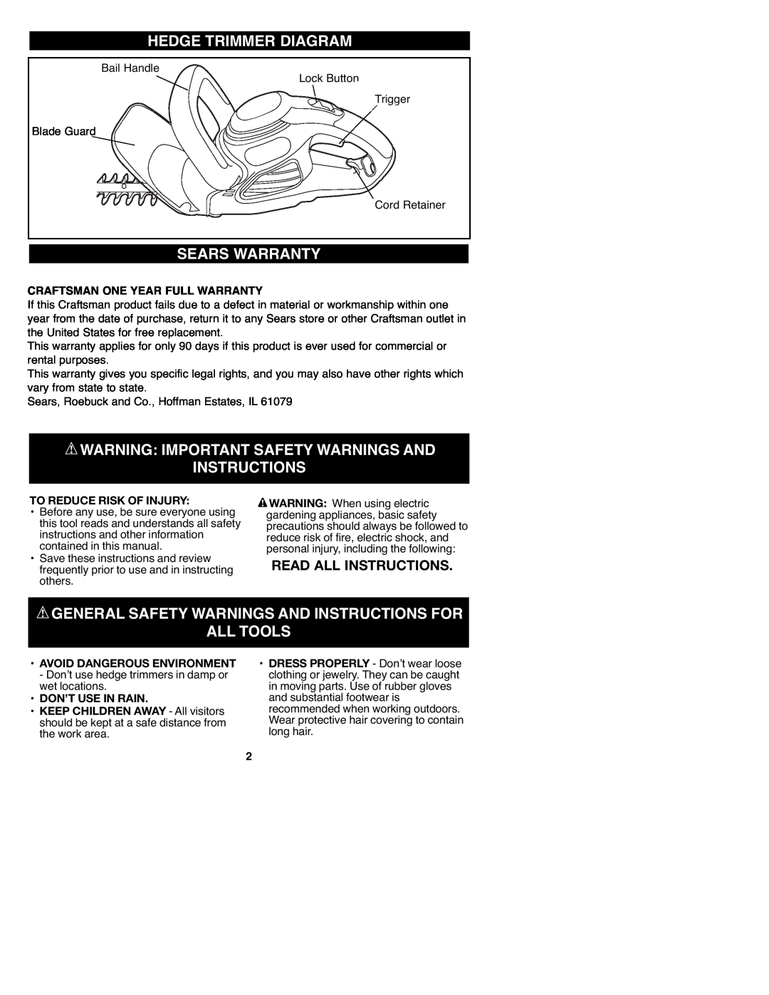 Craftsman 900 Hedge Trimmer Diagram, Sears Warranty, Warning: Important Safety Warnings And, Instructions, All Tools 