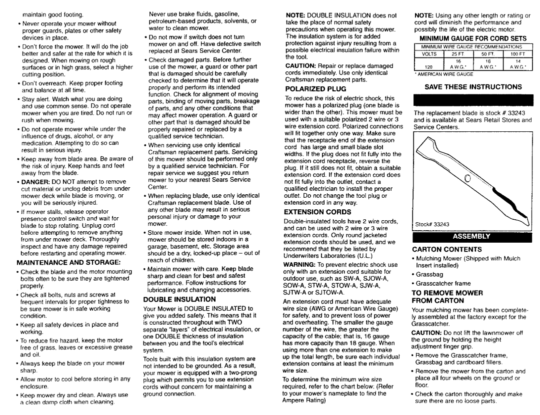 Craftsman 900.37051 manual Maintenance and Storage, Double Insulation, Polarized Plug, Minimum Gauge for Cord Sets 