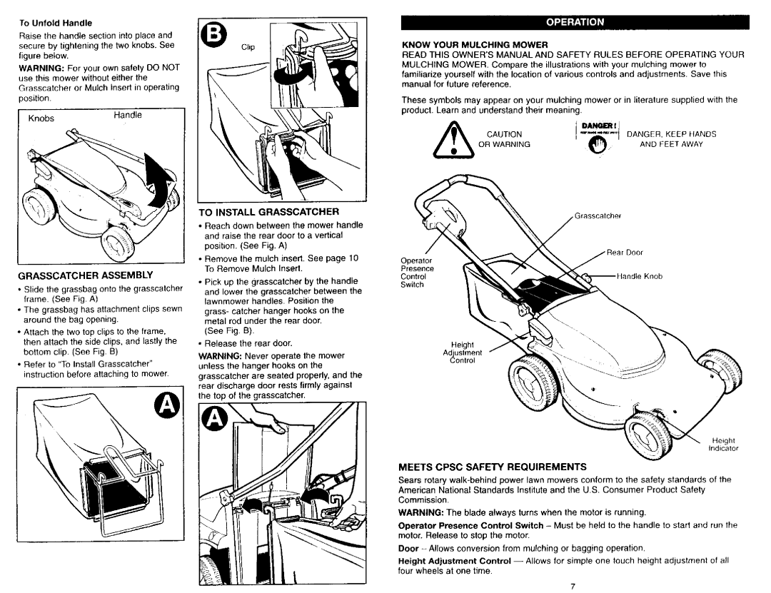 Craftsman 900.37051 manual To Unfold Handle, Grasscatcher Assembly, To Install Grasscatcher, Know Your Mulching Mower 