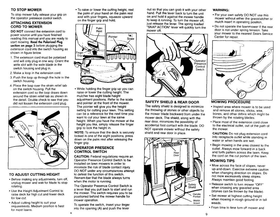 Craftsman 900.37051 manual To Stop Mower, Mowing Procedure 