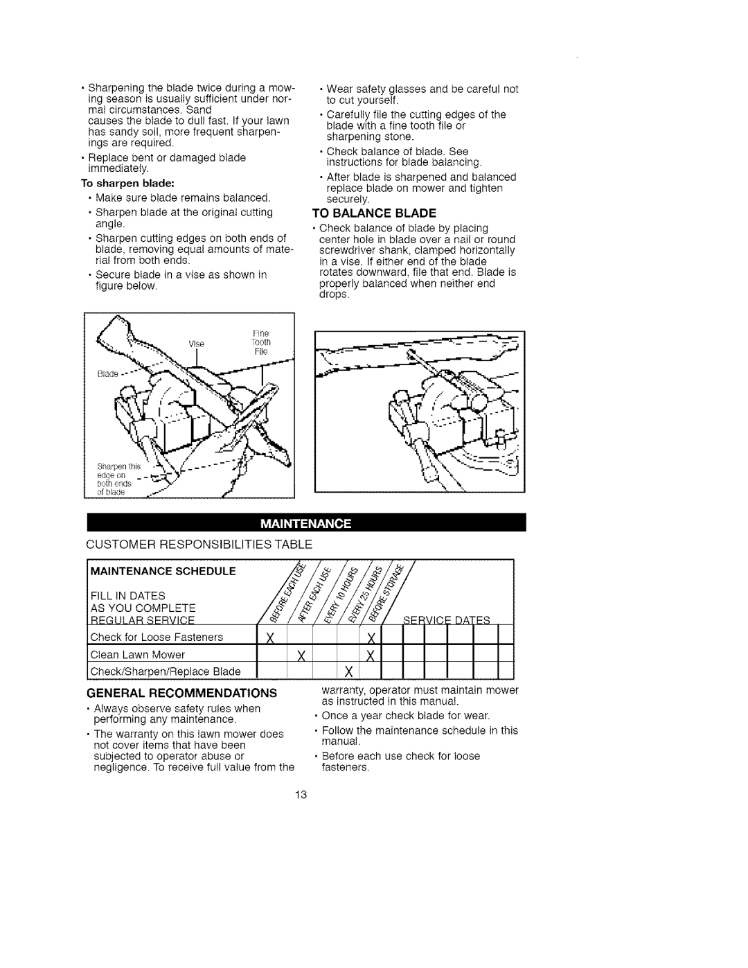 Craftsman 900.370511 manual General Recommendations, To sharpen blade, To Balance Blade, Maintenance Schedule 