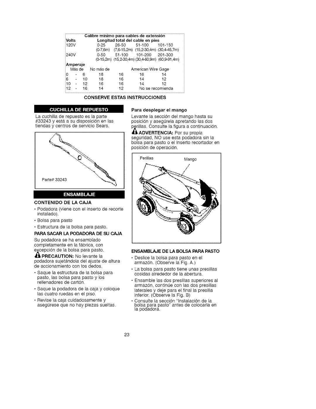 Craftsman 900.370511 manual IVolts, I120V, Para Sacar LA Podadora DE SU Caja, Ensamblaje DE LA Bolsa Para Pasto 