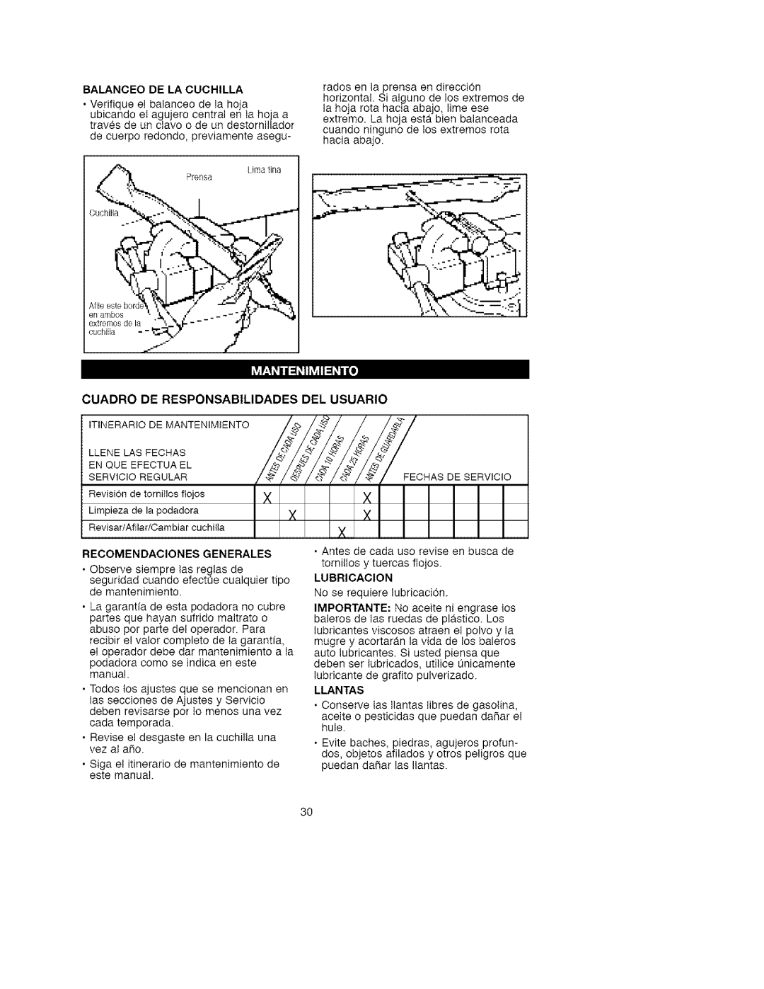 Craftsman 900.370511 Cuadro DE Responsabilidades DEL Usuario, Balanceo DE LA Cuchilla, Recomendaciones Generales, Llantas 