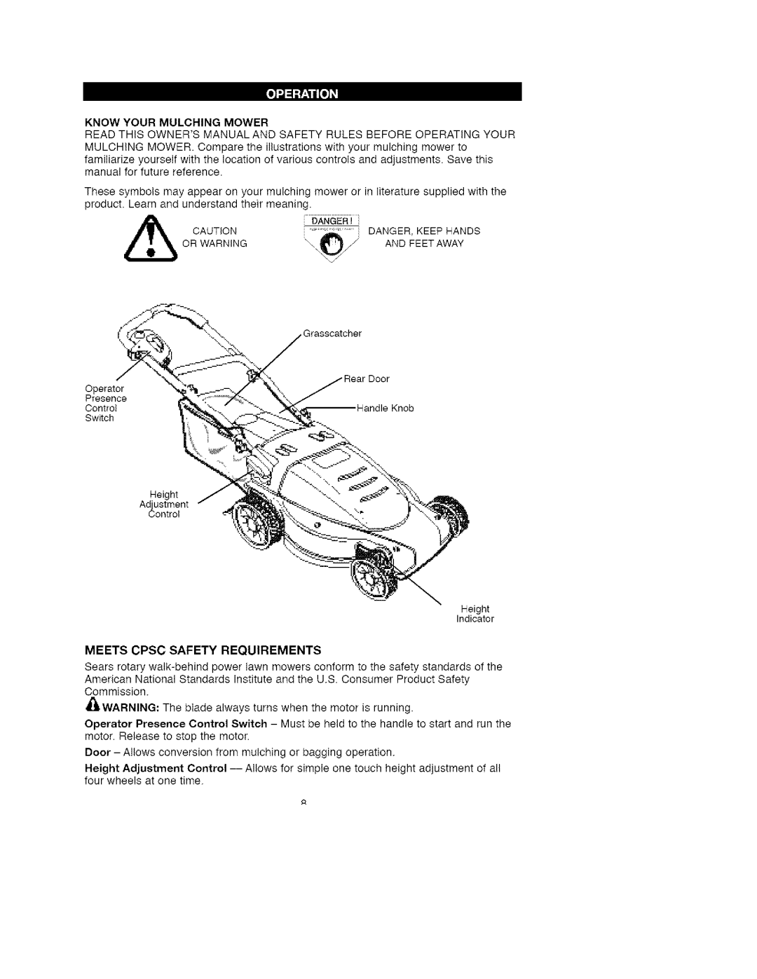 Craftsman 900.370511 manual Meets Cpsc Safety Requirements, Know Your Mulching Mower, Or Warning Feet Away 