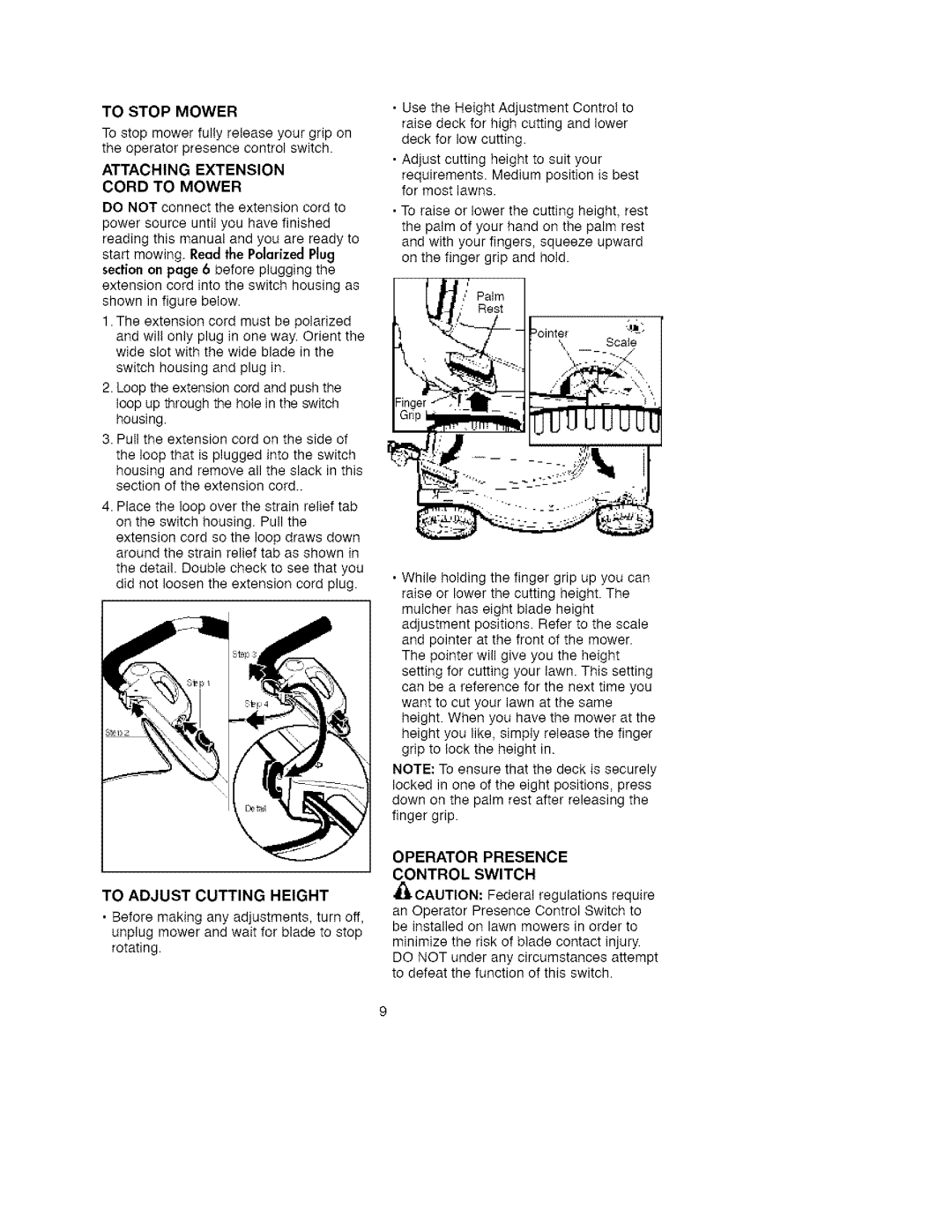 Craftsman 900.370511 manual Attaching Extension Cord to Mower, To Adjust Cutting Height, Operator Presence, Control Switch 