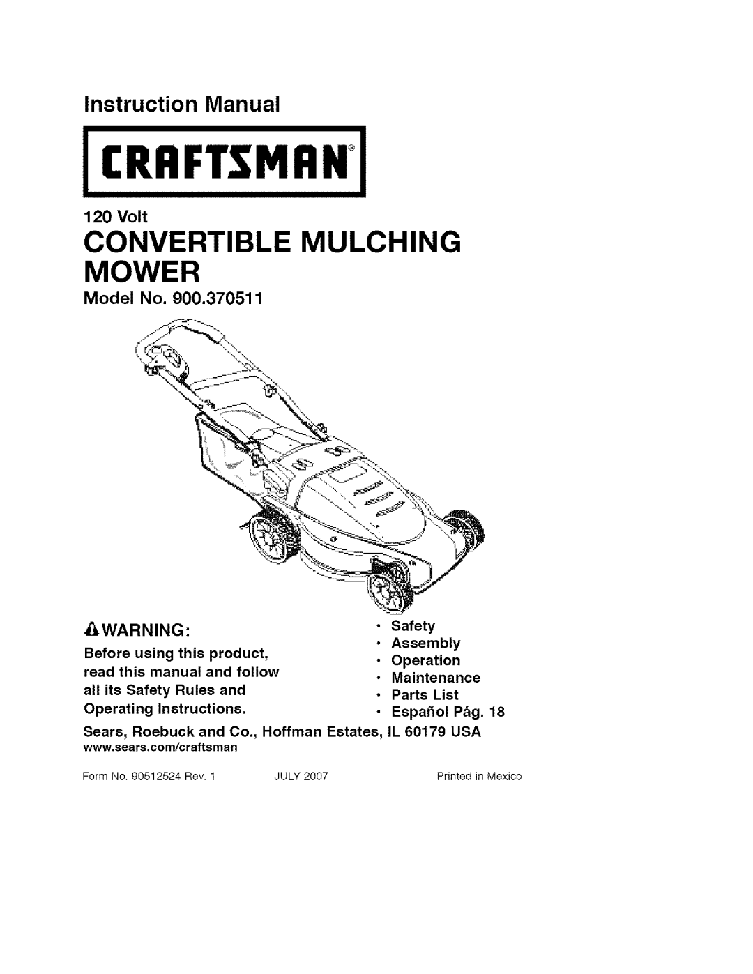 Craftsman 900.370511 manual Convertible Mulching Mower, Volt, Model No 